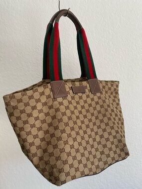 Gucci GG Supreme Canvas Tote Bag Web Stripe Handles Beige Brown